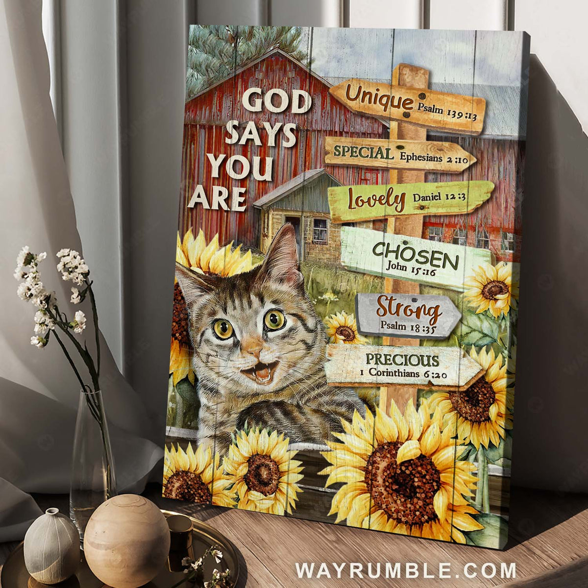 Cat painting, Stunning sunflower, Red barn, God says you are - Jesus Portrait Canvas Prints, Home Decor Wall Art