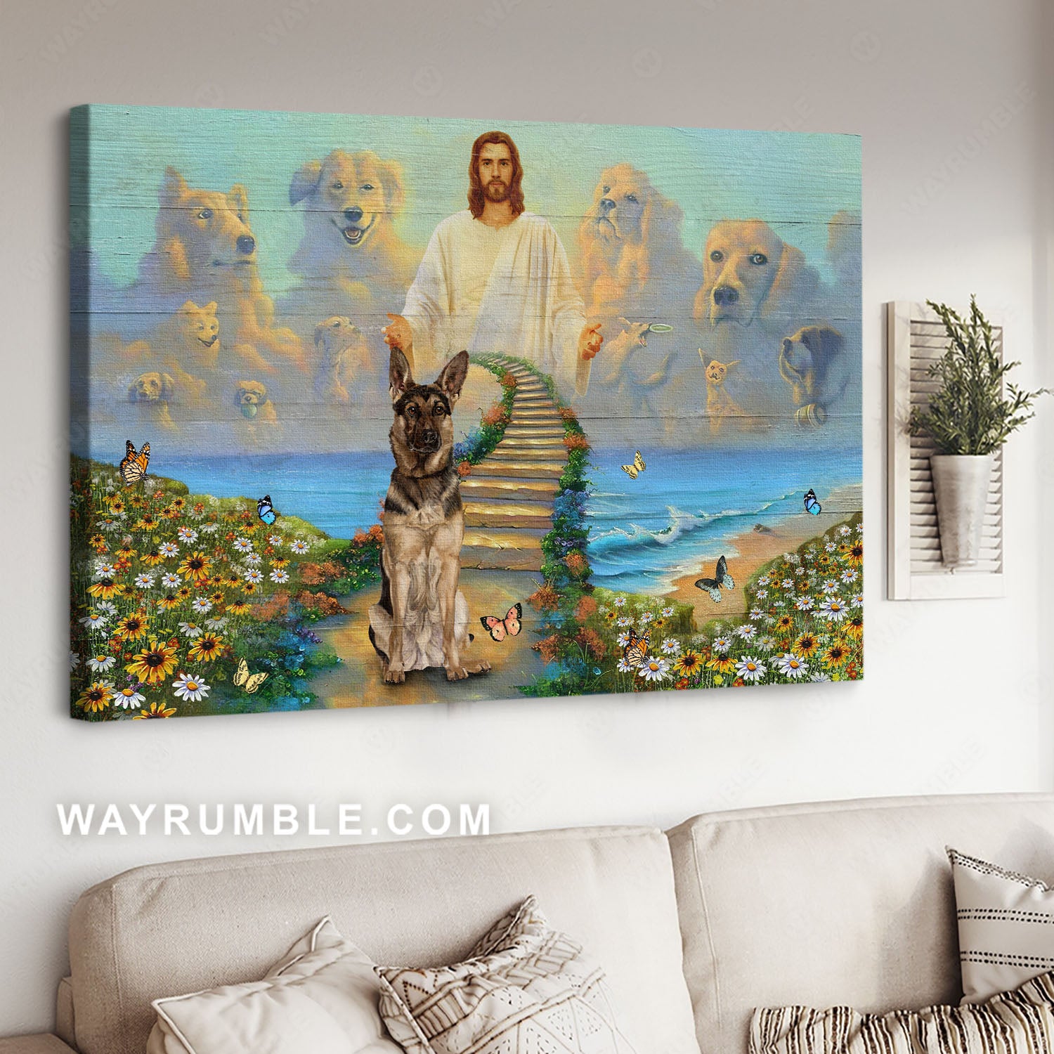 German Shepherd, Memorial gift, Flower field, Dog lover, In a beautiful heaven - Jesus Landscape Canvas Prints, Home Decor Wall Art