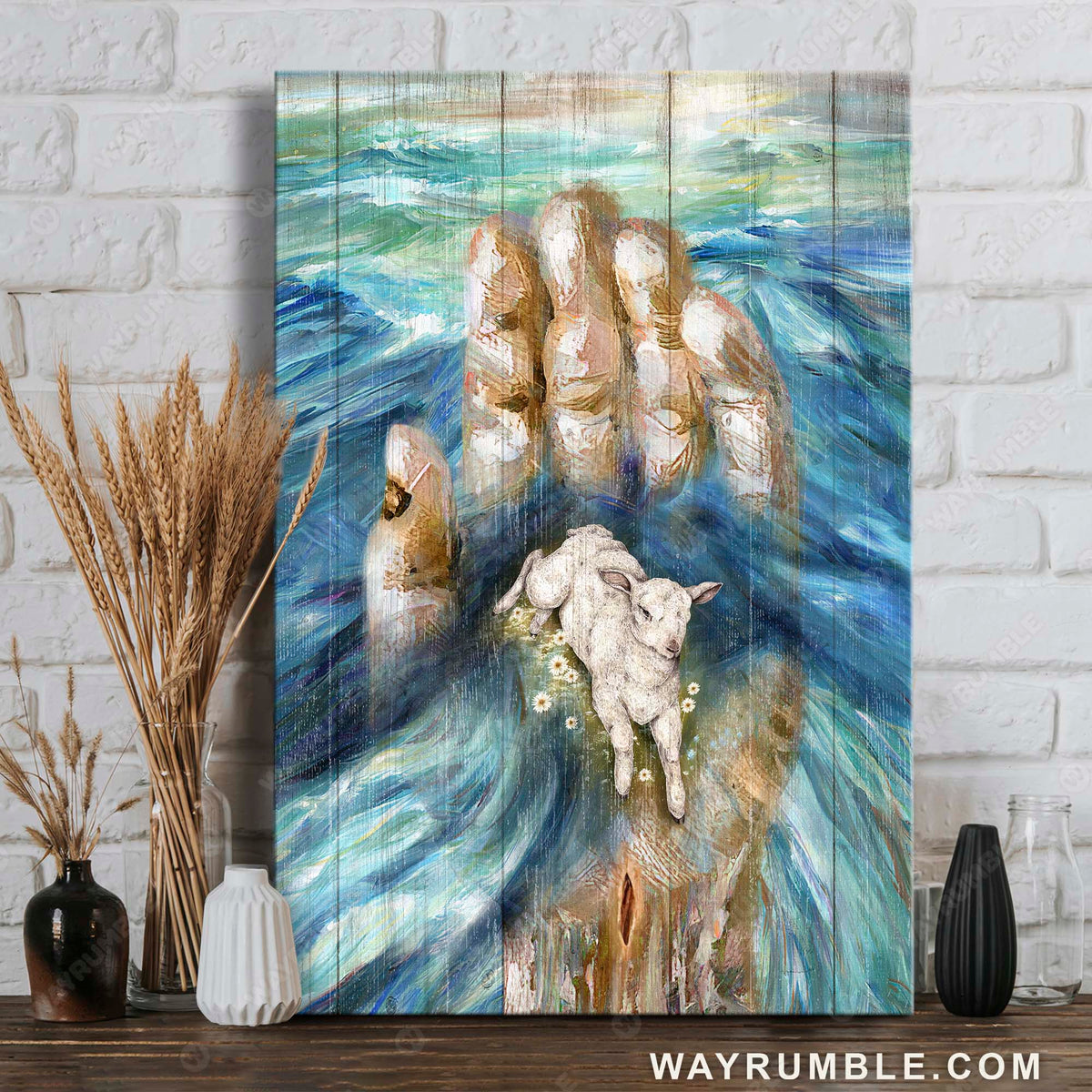 Blue ocean, Abstract painting, Lamb of God, Daisy flower, In God&#39;s hand - Jesus Portrait Canvas Prints, Home Decor Wall Art