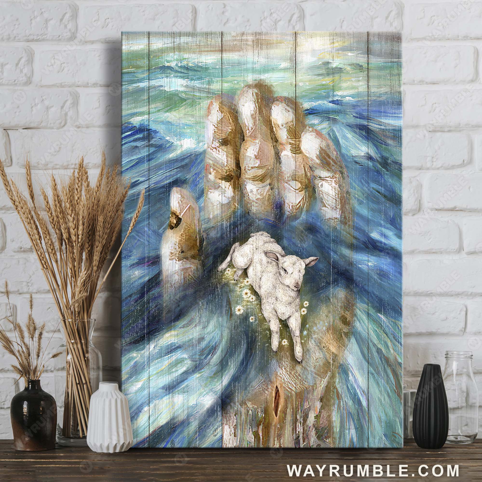 Blue ocean, Abstract painting, Lamb of God, Daisy flower, In God's hand - Jesus Portrait Canvas Prints, Home Decor Wall Art