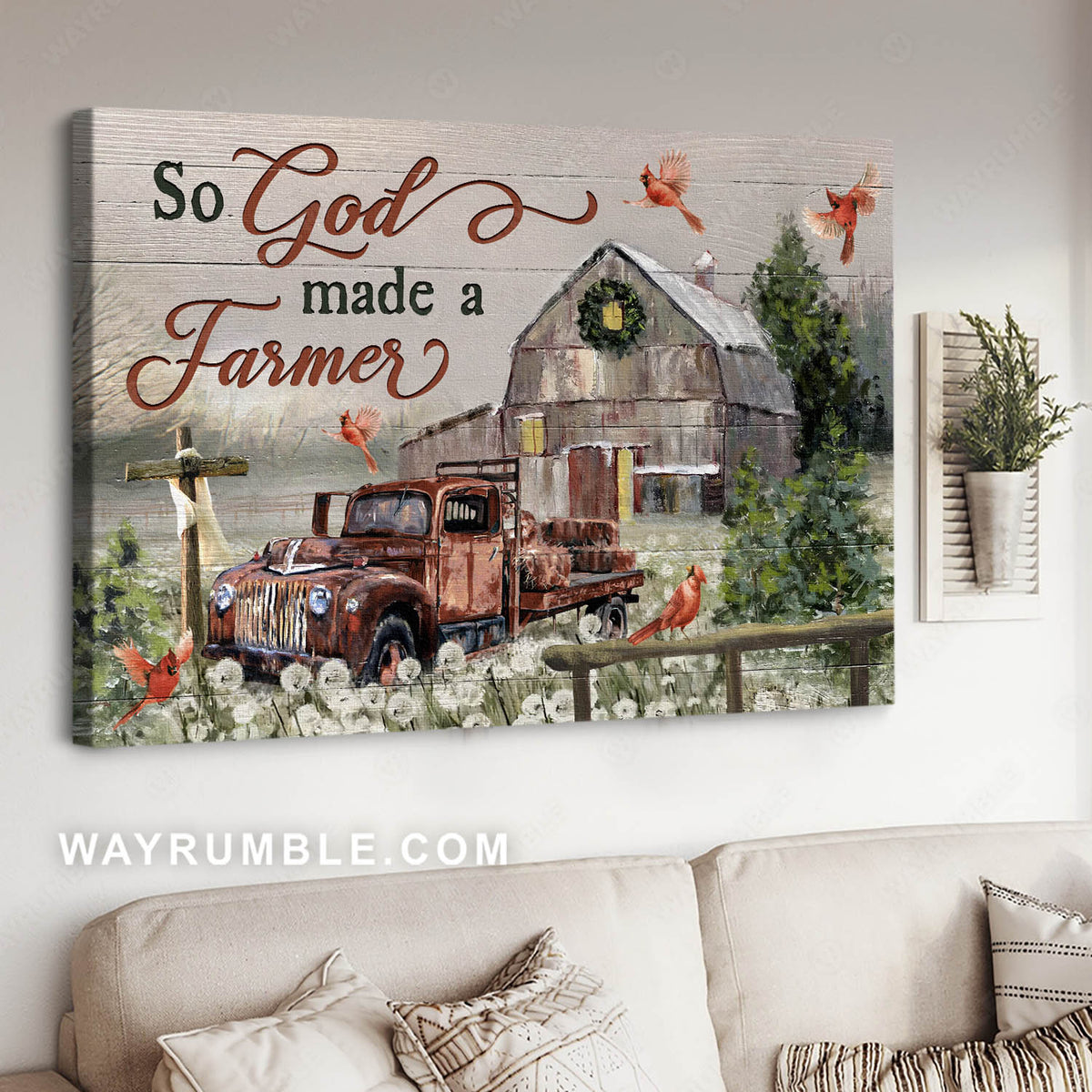 Tranquil farm, Lovely red cardinal, Amazing old truck, So God made a farmer - Jesus Landscape Canvas Prints, Christian Wall Art