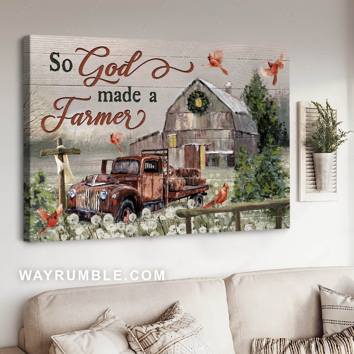 Tranquil farm, Lovely red cardinal, Amazing old truck, So God made a farmer - Jesus Landscape Canvas Prints, Christian Wall Art