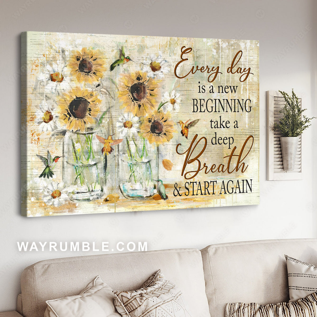 Hummingbird drawing, Lovely sunflower, Glass vase, Every day is a new beginning - Jesus Landscape Canvas Prints, Home Decor Wall Art