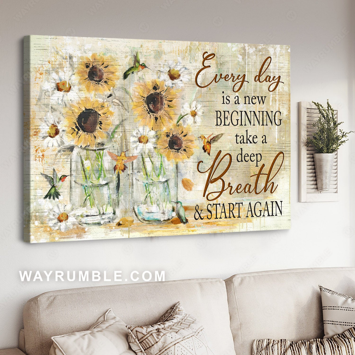 Hummingbird drawing, Lovely sunflower, Glass vase, Every day is a new beginning - Jesus Landscape Canvas Prints, Home Decor Wall Art