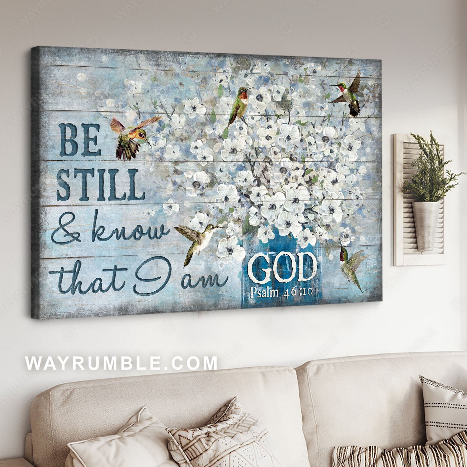 Bible verse, Hummingbird painting, White flowers, Be still & know that I am God - Jesus Landscape Canvas Prints, Home Decor Wall Art