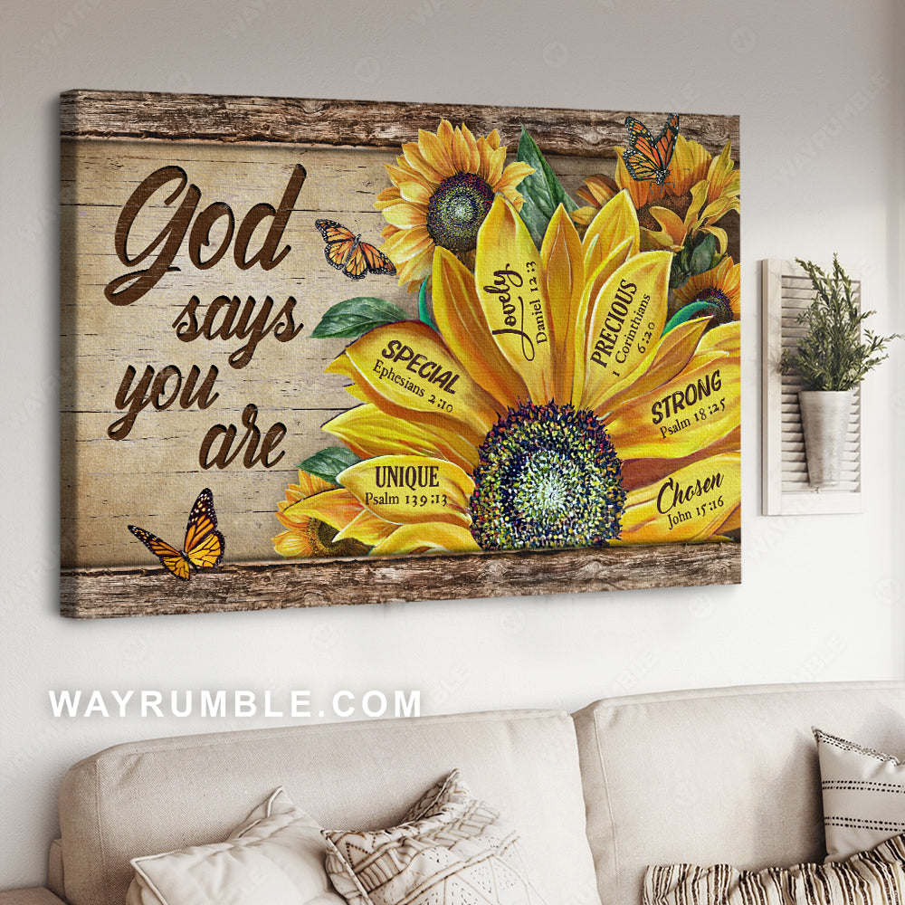 Bible verse, Watercolor sunflower, Monarch butterfly, God says you are - Jesus Landscape Canvas Prints, Home Decor Wall Art