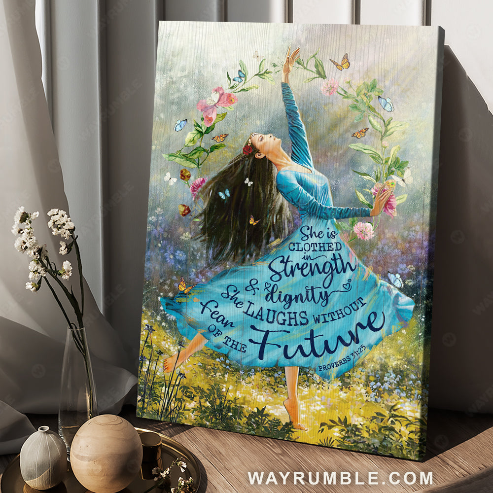 Blue dress, Butterfly drawing, Flower garden, She is clothed in strength and dignity - Jesus Portrait Canvas Prints, Home Decor Wall Art