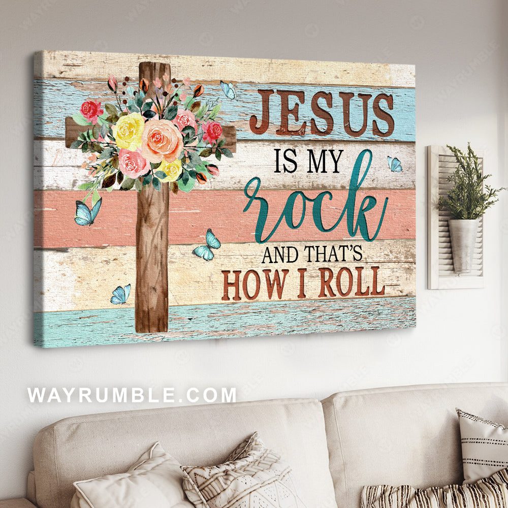 Gorgeous flower drawing, Wooden cross, Blue butterfly, Jesus is my rock - Jesus Landscape Canvas Prints, Home Decor Wall Art