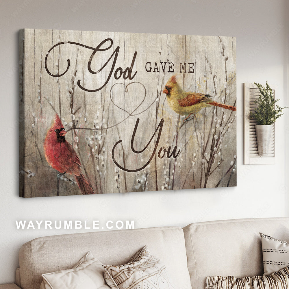 Watercolor cardinals, White flower, Vintage painting, God gave me you - Jesus Landscape Canvas Prints, Home Decor Wall Art