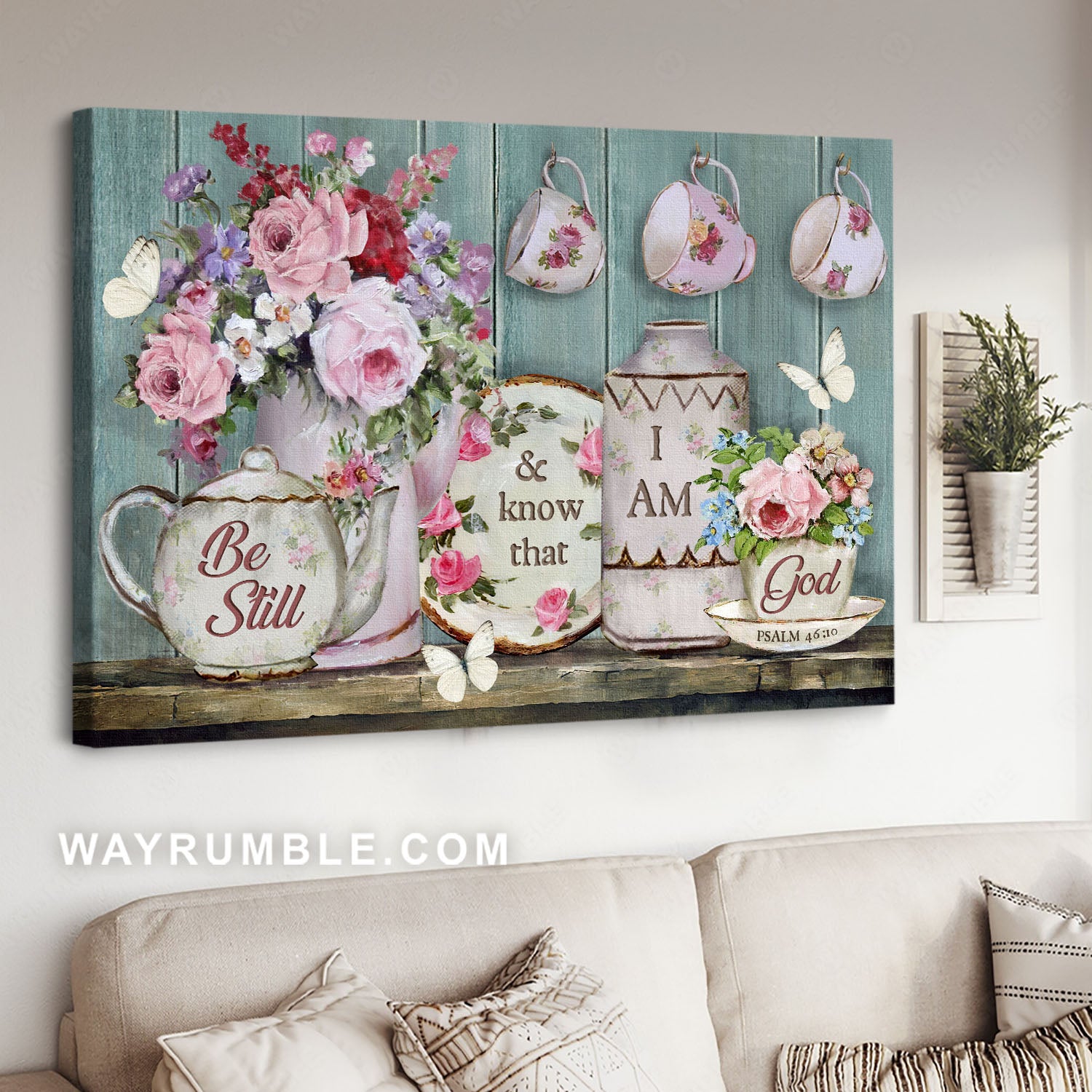 Watercolor flower, Tea house, Vintage painting, Be still & know that I am God - Jesus Landscape Canvas Prints, Home Decor Wall Art