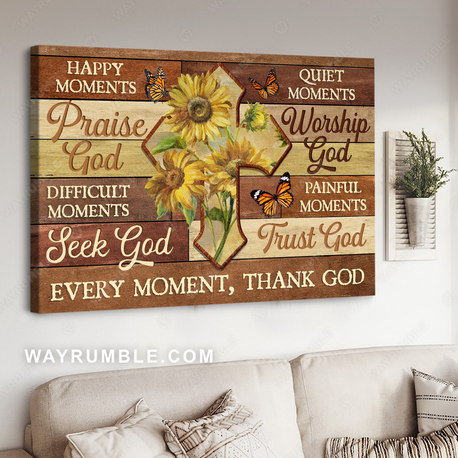 Watercolor sunflower, Monarch butterfly, Abstract cross, Every moment, thank God - Jesus Landscape Canvas Prints, Home Decor Wall Art