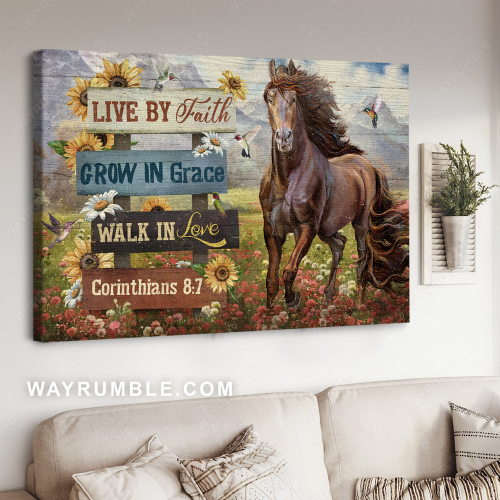 Brown horse, Hummingbird painting, Flower field, Live by faith, walk in love - Jesus Landscape Canvas Prints, Home Decor Wall Art
