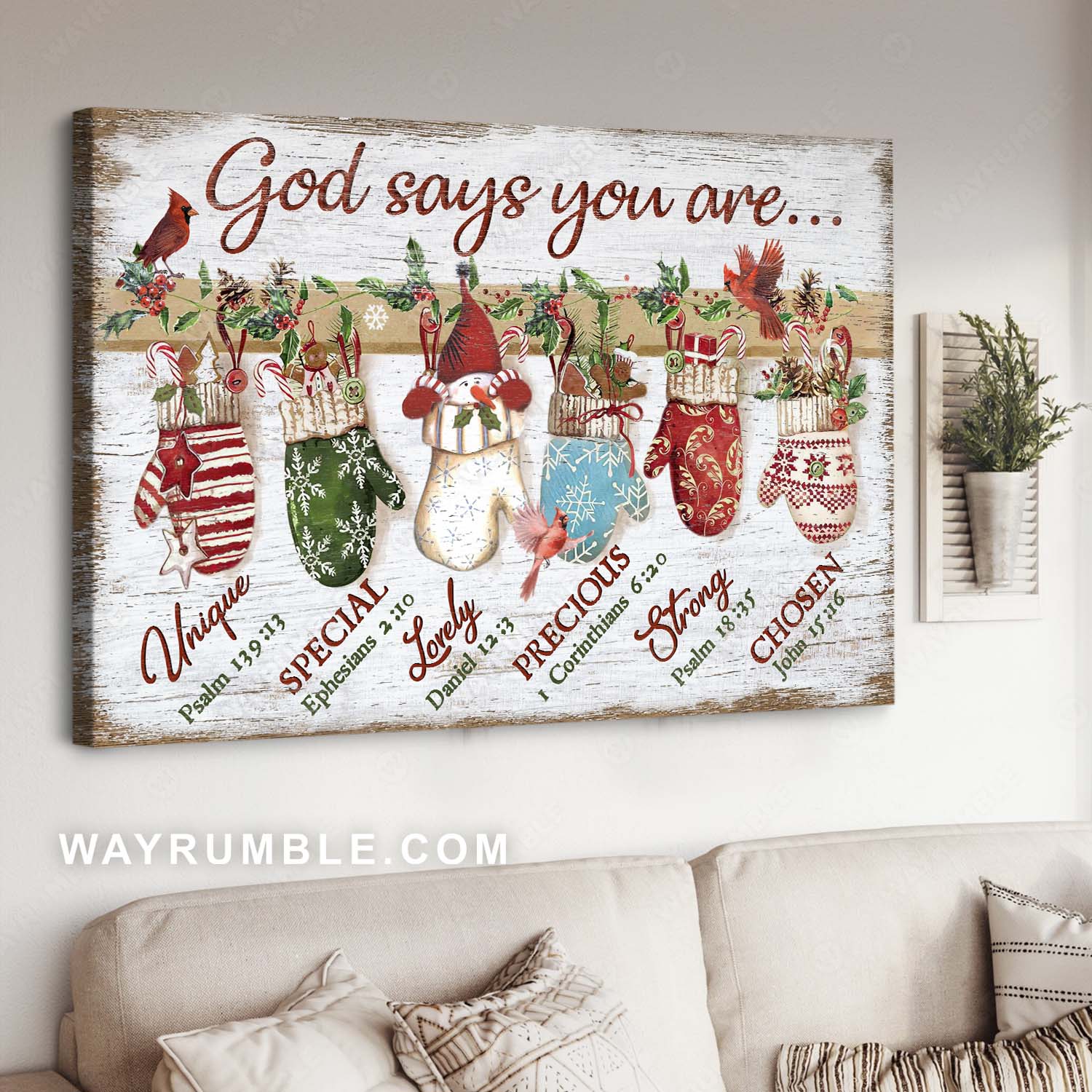 Christmas decoration, Red cardinal, Winter gloves, God says you are - Jesus Landscape Canvas Prints, Home Decor Wall Art