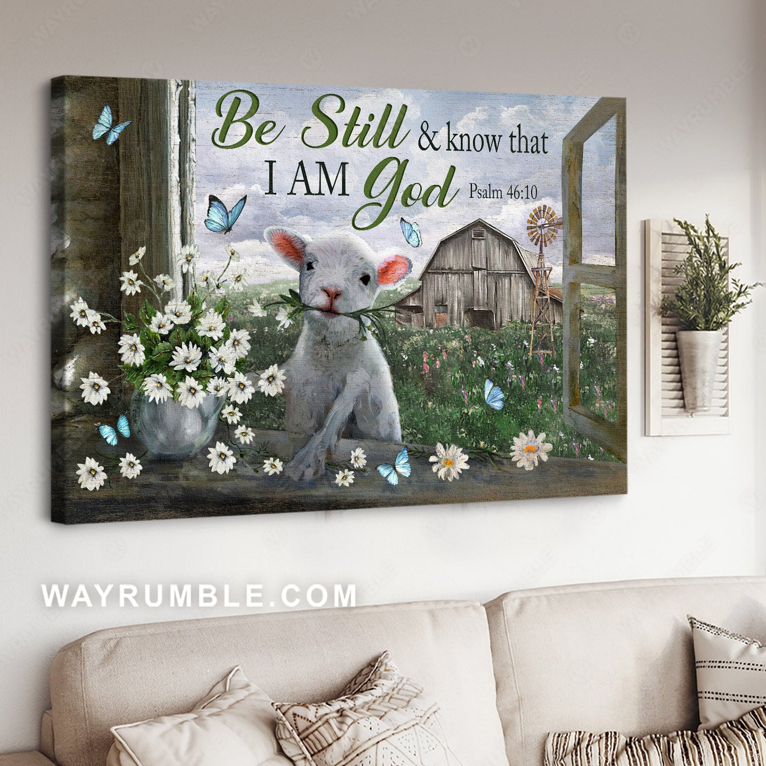 Lovely lamb, Daisy flower, Rustic farmhouse, Be still & know that I am God - Jesus Landscape Canvas Prints, Christian Wall Art