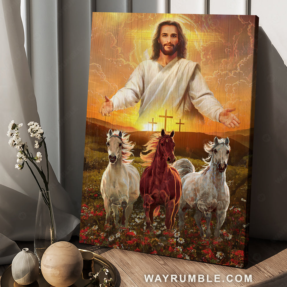 Jesus painting, Three wooden crosses, Gorgeous horses running at sunrise - Jesus Portrait Canvas Prints, Christian Wall Art