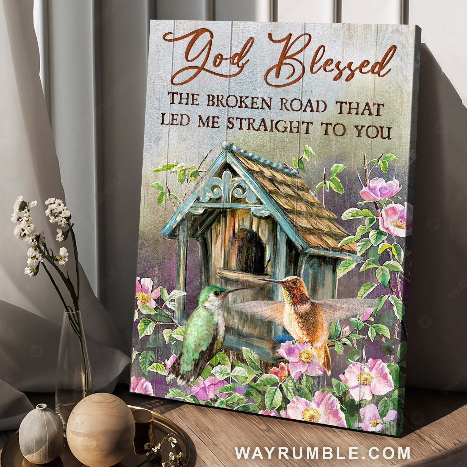 Watercolor hummingbird, Rustic birdhouse, God blessed the broken road - Jesus Portrait Canvas Prints, Home Decor Wall Art