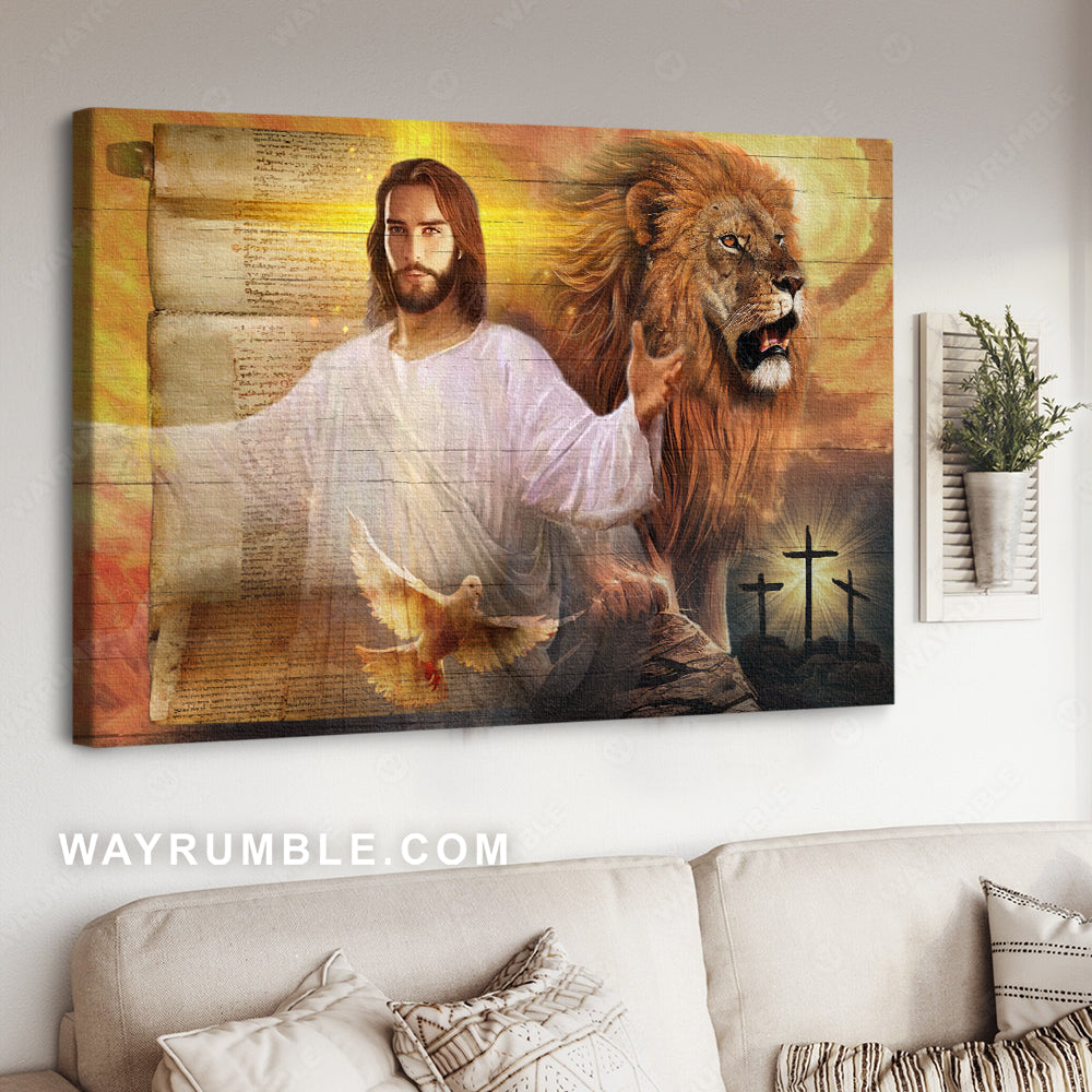 Lion of Judah, Dove of peace, Three wooden crosses, Silhouette of Jesus in heaven - Jesus Landscape Canvas Prints, Christian Wall Art