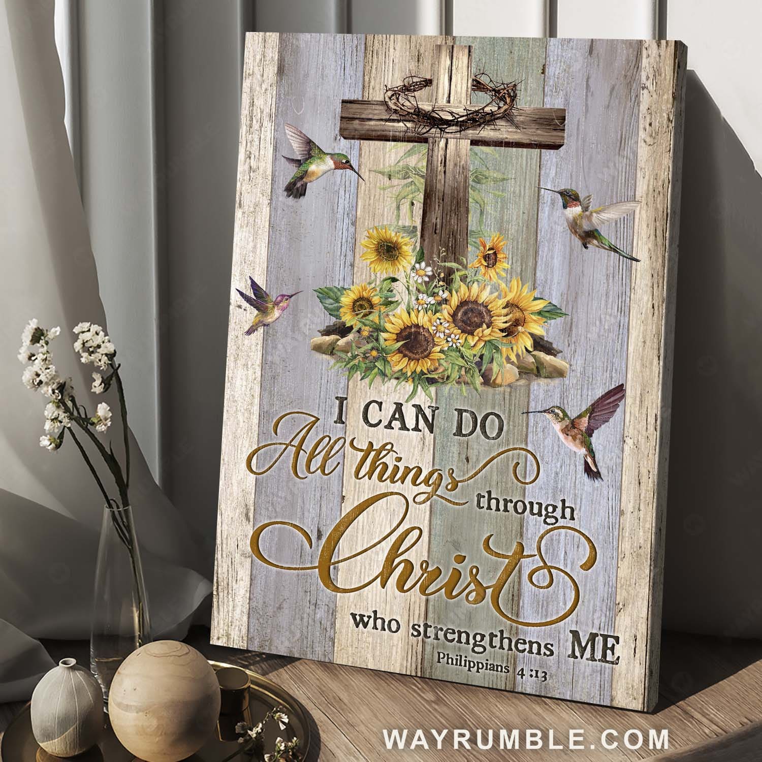 Hummingbird painting, Watercolor sunflower, I can do all things through Christ - Jesus Portrait Canvas Prints, Home Decor Wall Art