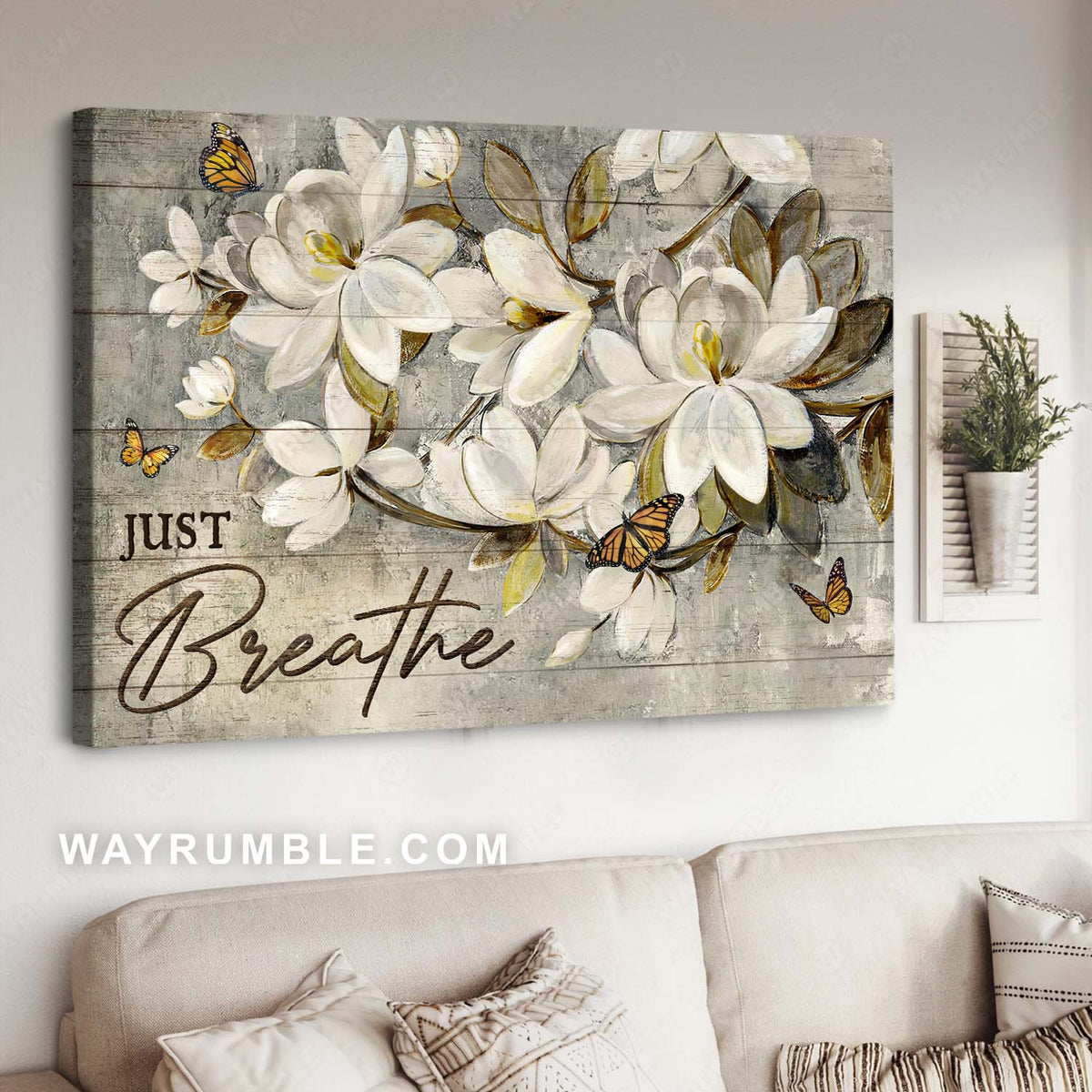 Abstract art, White flower painting, Monarch butterfly, Just breathe - Jesus Landscape Canvas Prints, Home Decor Wall Art