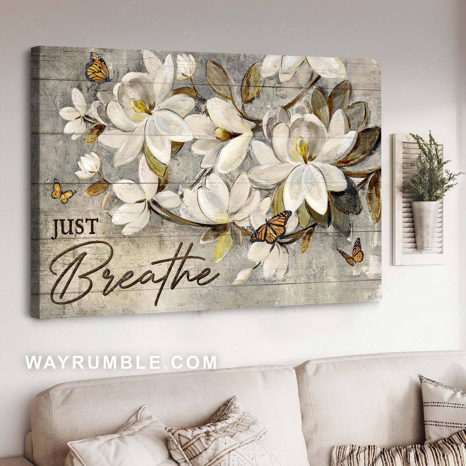 Abstract art, White flower painting, Monarch butterfly, Just breathe - Jesus Landscape Canvas Prints, Home Decor Wall Art