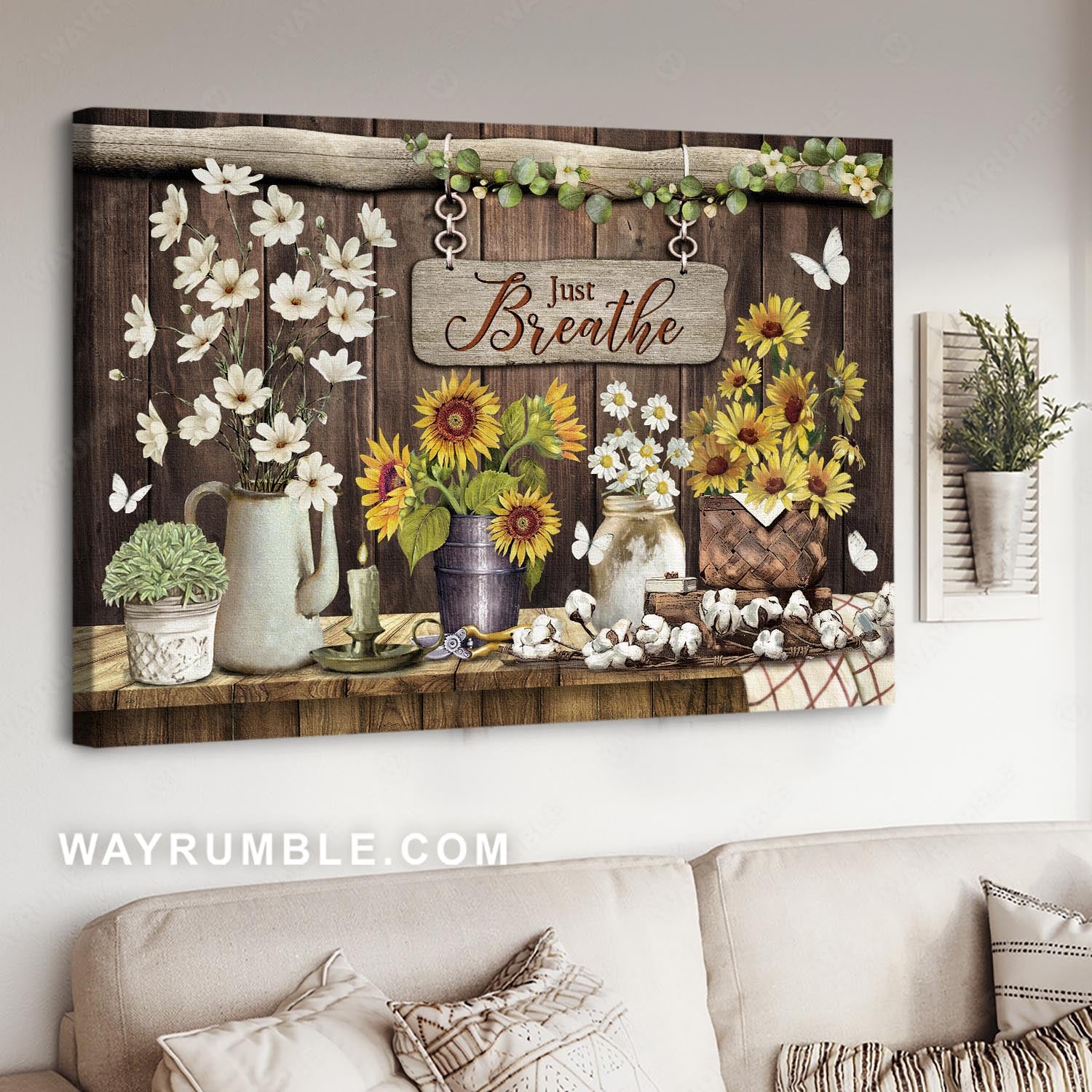 Stunning sunflower vase, Pretty flower painting, White butterfly, Just breathe - Jesus Landscape Canvas Prints, Christian Wall Art