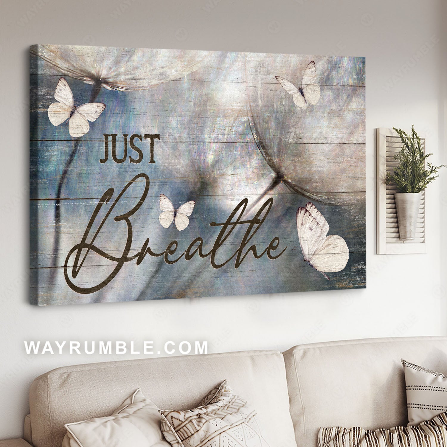 Abstract dandelion painting, White butterfly, Vintage drawing, Just breathe - Jesus Landscape Canvas Prints, Home Decor Wall Art