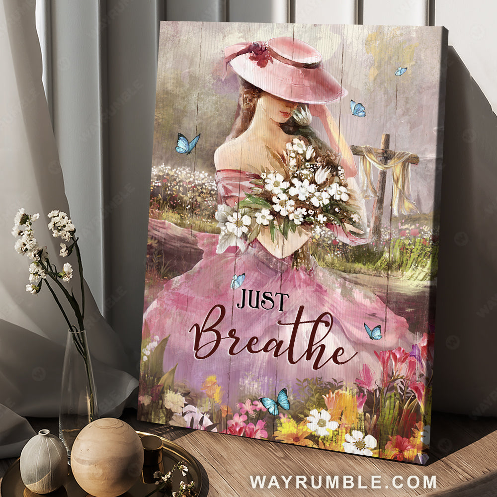 Flower field, Abstract painting, Blue butterfly, Pink dress, Beautiful girl, Just breathe - Jesus Portrait Canvas Prints, Home Decor Wall Art