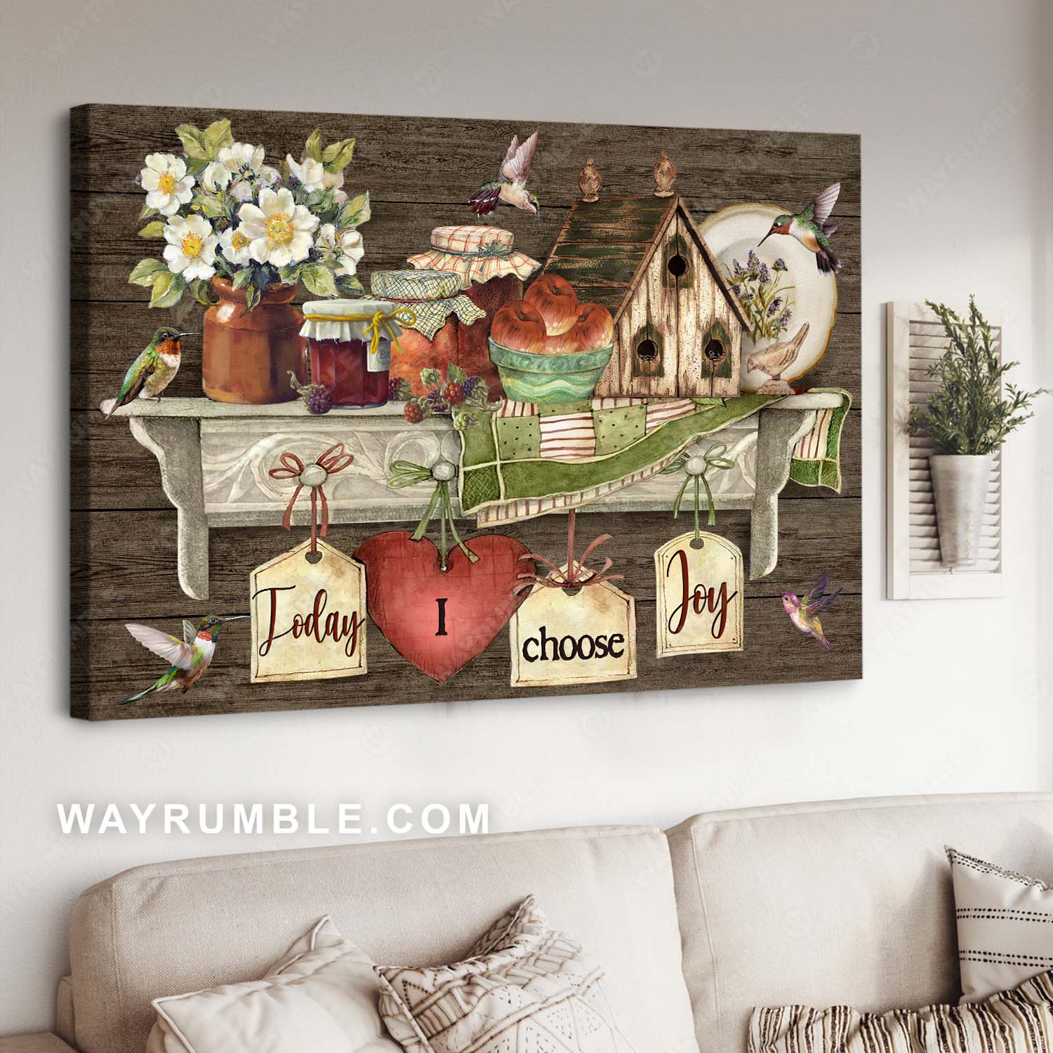 Vintage kitchen, Watercolor hummingbird, Rustic farmhouse, Today I choose joy - Jesus Landscape Canvas Prints, Home Decor Wall Art