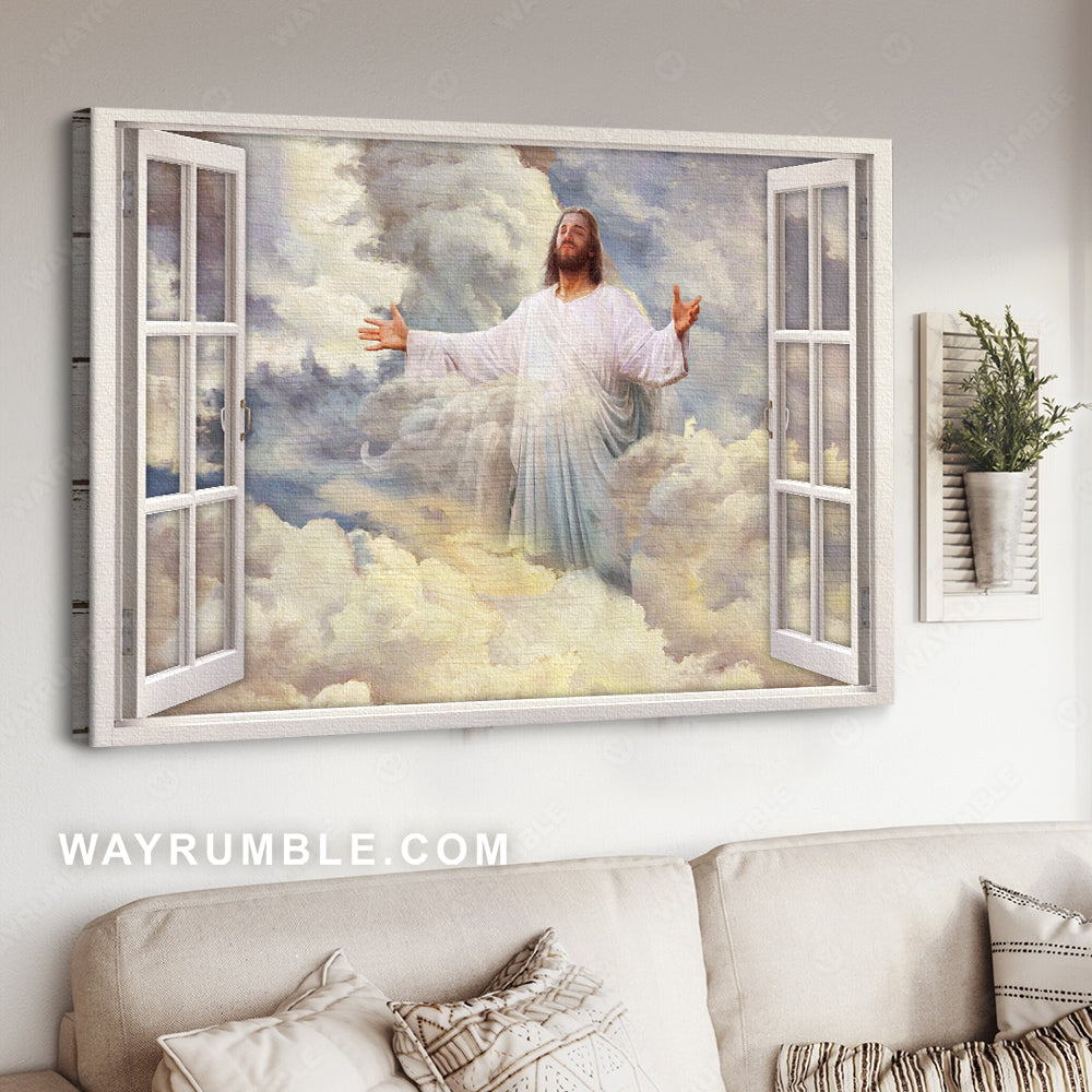Beautiful heaven, Jesus painting, Vintage windows, Jesus in the clouds - Jesus Landscape Canvas Prints, Christian Wall Art