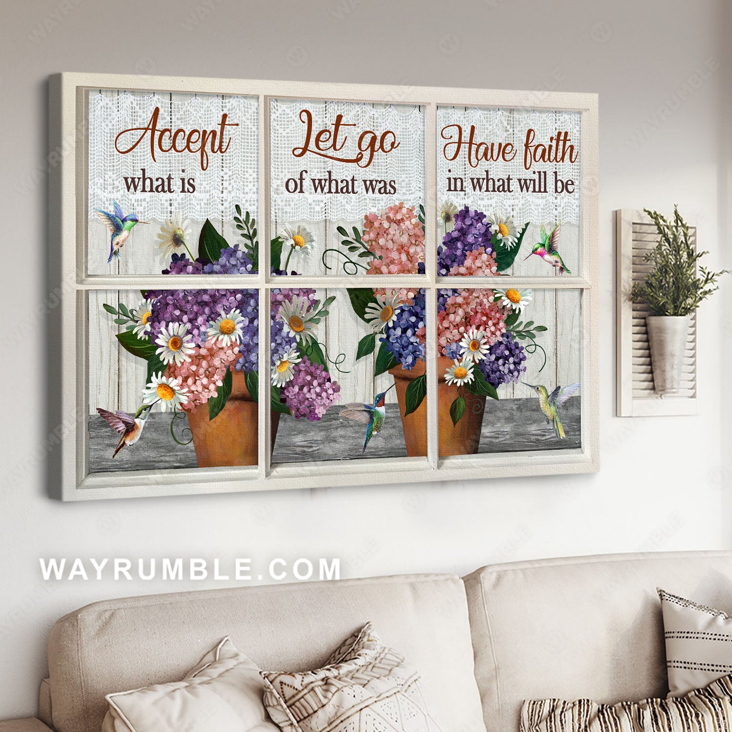 Colorful flower pot, Lovely hummingbird, Vintage window, Have faith in what will be - Jesus Landscape Canvas Prints, Home Decor Wall Art