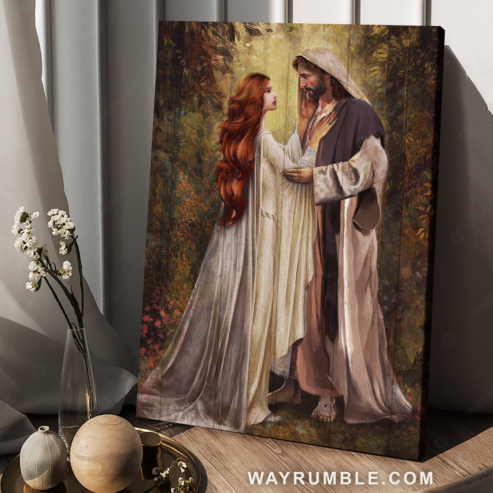Graceful red head women, Jesus painting, Our savior, In a beautiful forest - Jesus Portrait Canvas Prints, Christian Wall Art
