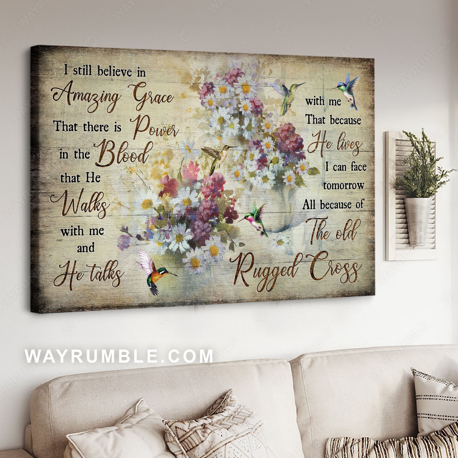 Watercolor Hummingbird, Rustic flower, Vintage art, I still believe in amazing grace - Jesus Landscape Canvas Prints, Home Decor Wall Art