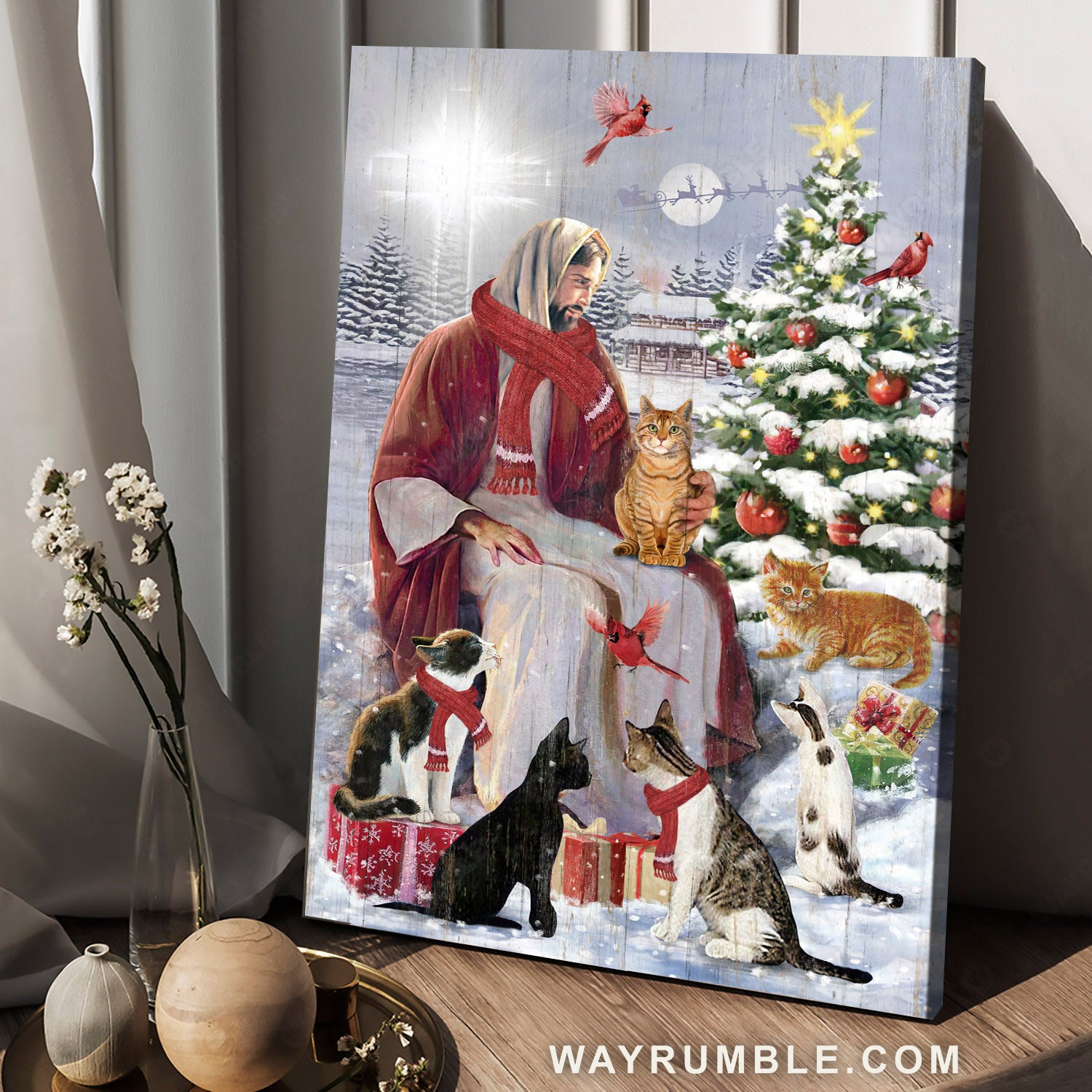 Christmas eve, Cute cats, Jesus painting, Red cardinal, Beautiful snow valley - Jesus Portrait Canvas Prints, Christian Wall Art