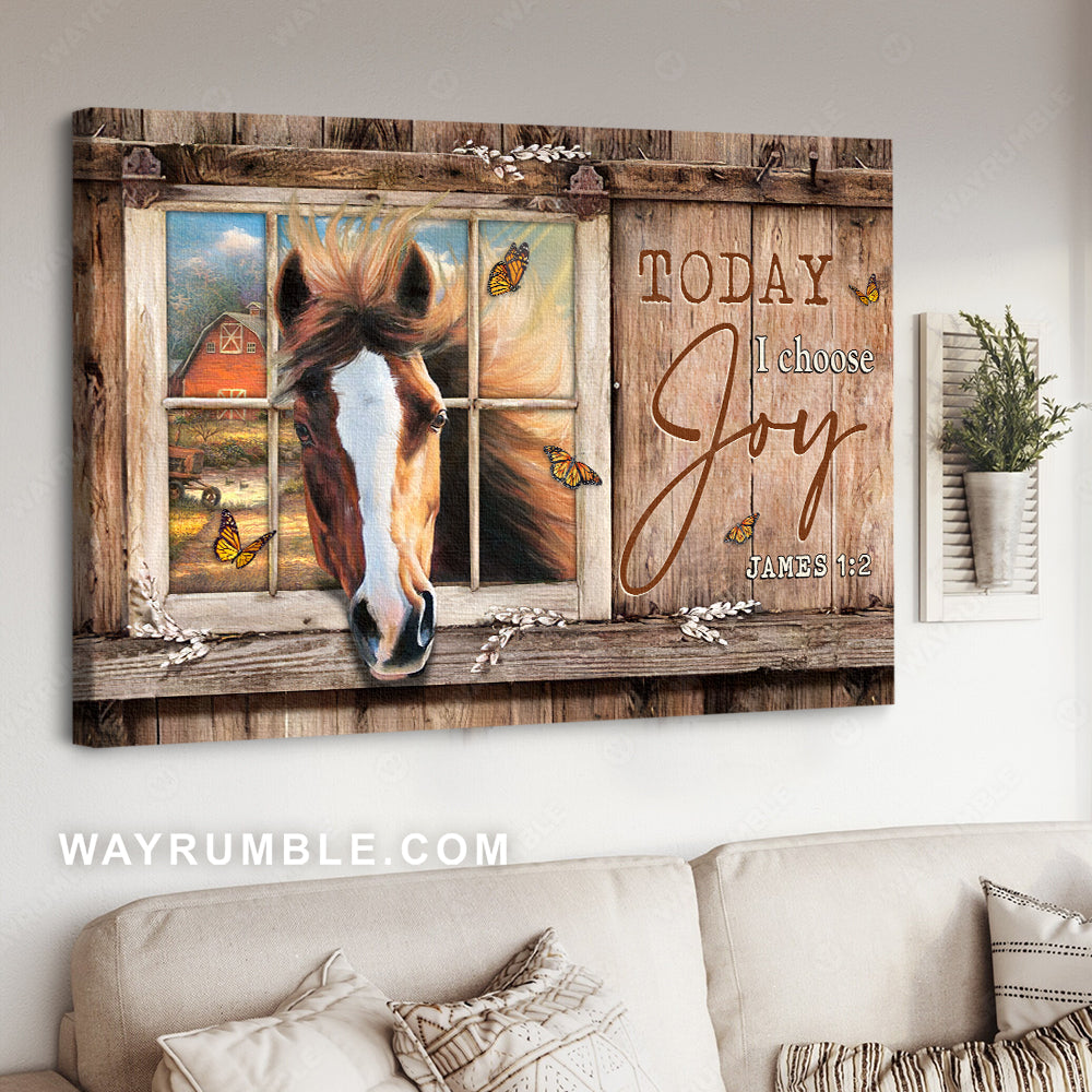 Brown horse painting, Monarch butterfly, Rustic farmhouse, Today I choose joy - Jesus Landscape Canvas Prints, Home Decor Wall Art