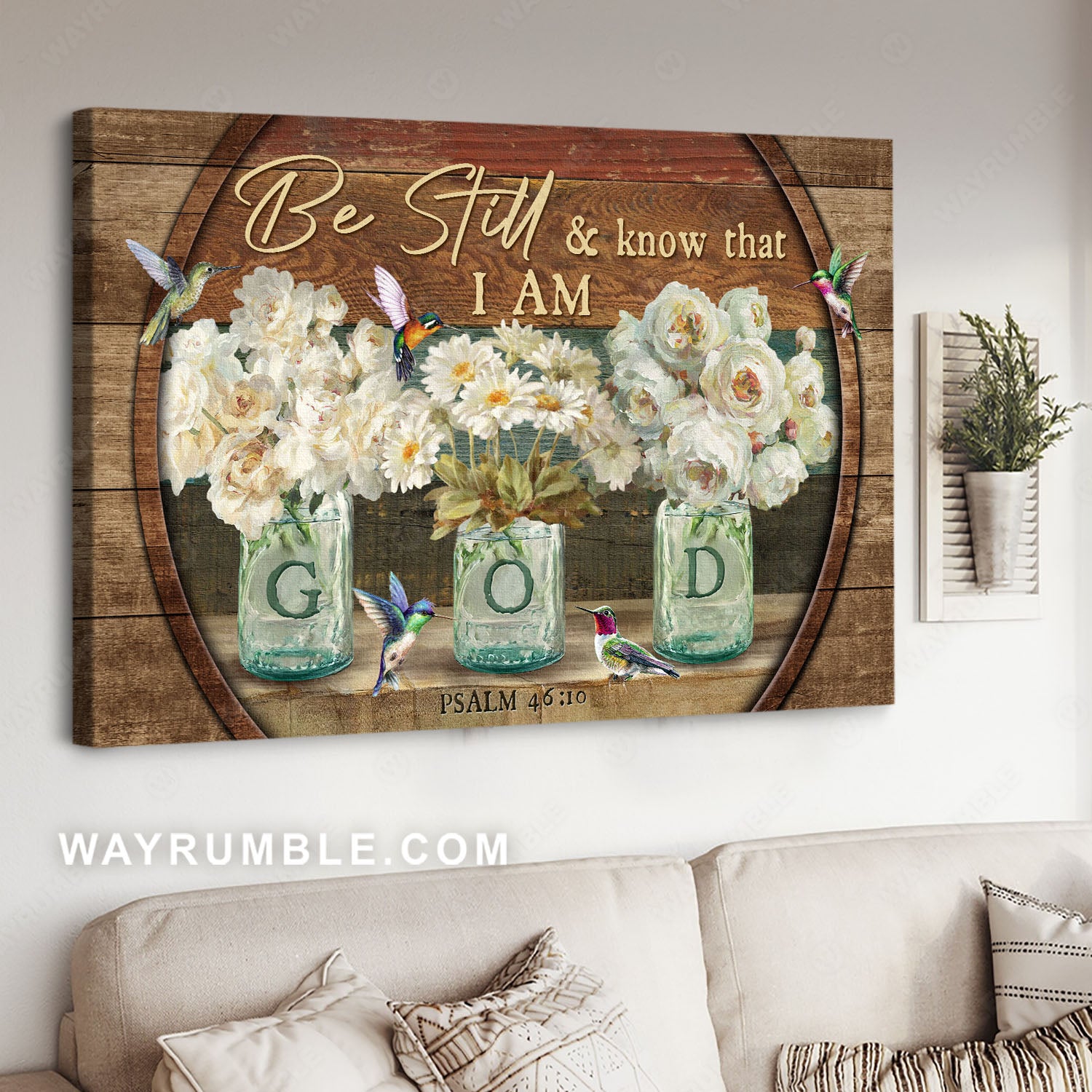 Hummingbird drawing, White flower, Bible verse, Be still and know that I am God - Jesus Landscape Canvas Prints, Home Decor Wall Art