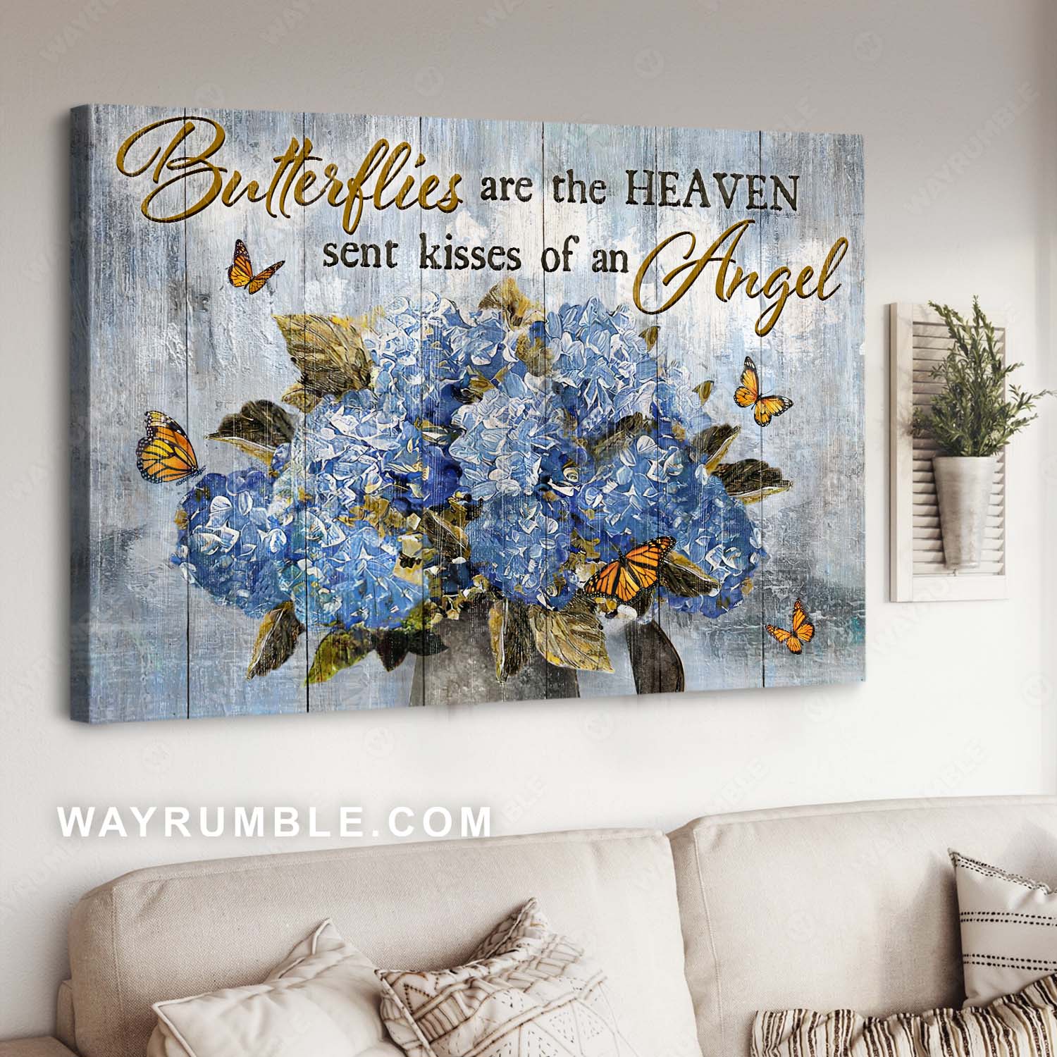 Blue hydrangea, Monarch butterfly, Butterflies are the heaven sent kisses of an angel - Jesus Landscape Canvas Prints, Home Decor Wall Art