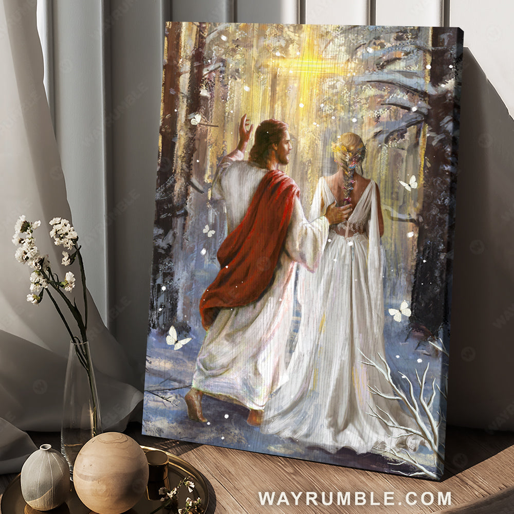 Snowy forest, White butterfly, Jesus painting, Walking with Jesus - Jesus Portrait Canvas Prints, Christian Wall Art