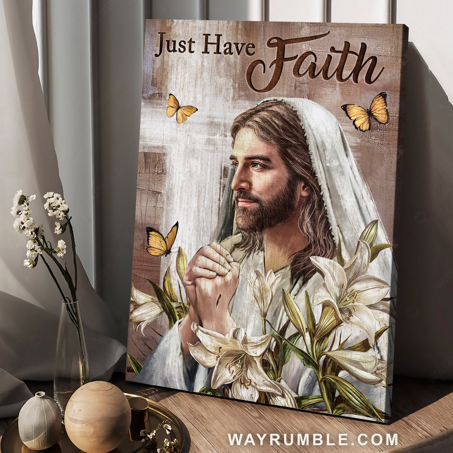 Beautiful Jesus painting, Monarch butterfly, Lily flower, Just have faith - Jesus Portrait Canvas Prints, Christian Wall Art