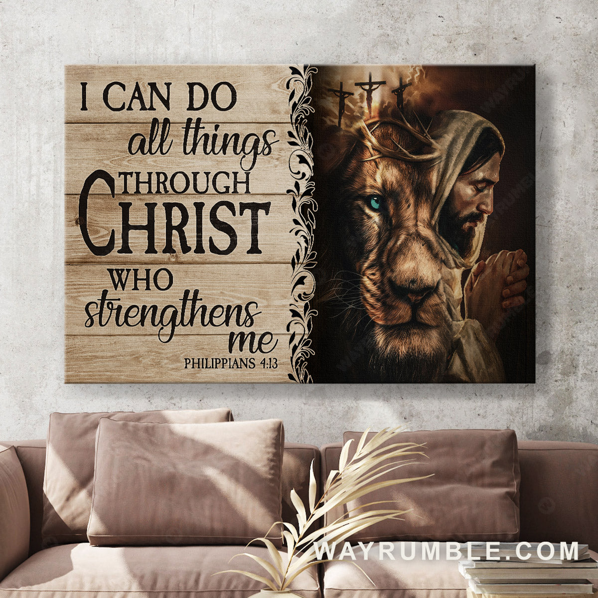 Lion of Judah, Three crosses, I can do all things through Christ who strengthens me - Jesus Landscape Canvas Prints, Christian Wall Art