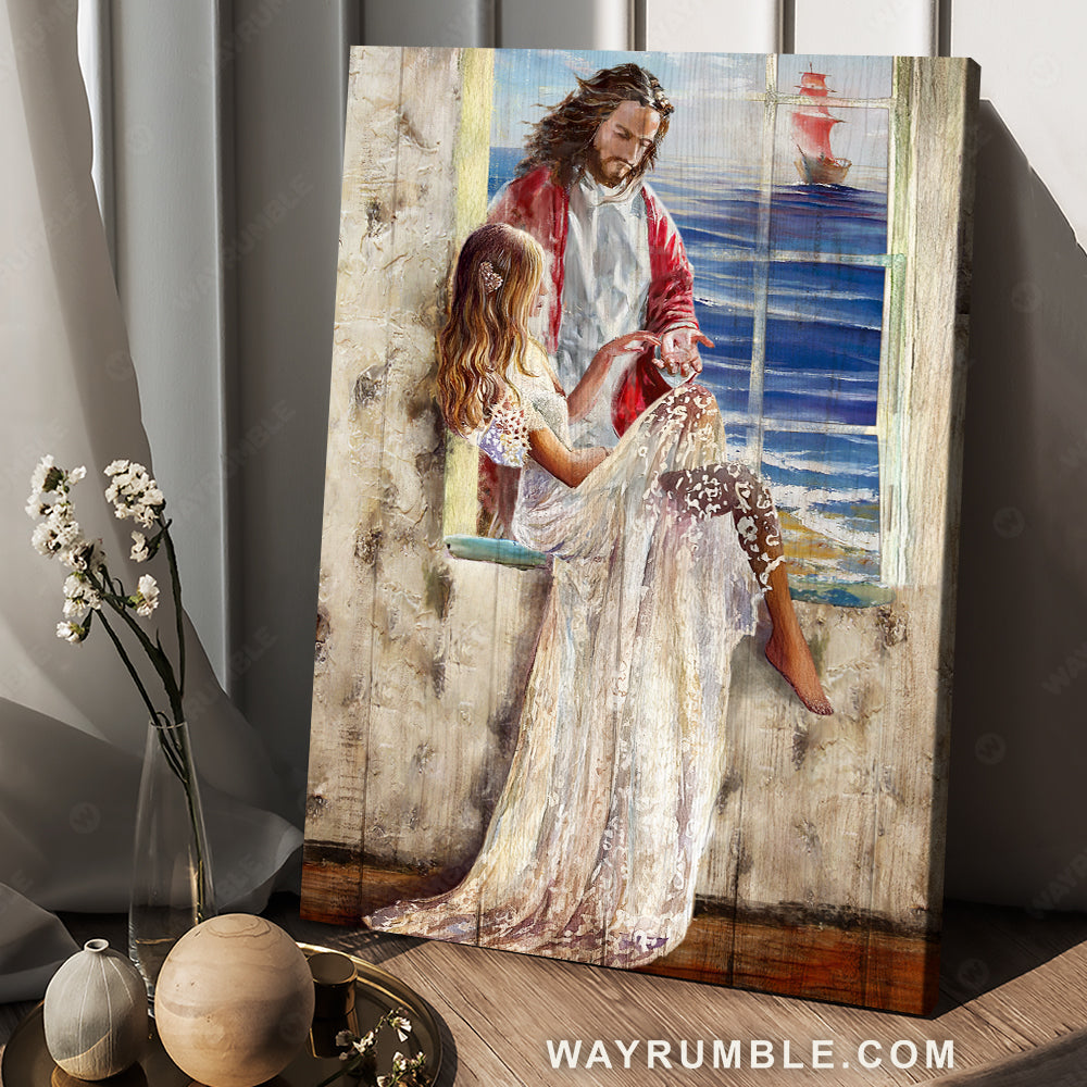 Abstract art, Christ the redeemer, Beautiful girl, Blue ocean, Wooden sailboat - Jesus Portrait Canvas Prints, Christian Wall Art