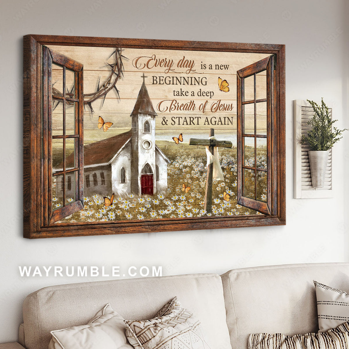 Daisy field, Old church, Monarch butterfly, Cross, Every day is a new beginning - Jesus Landscape Canvas Prints, Home Decor Wall Art