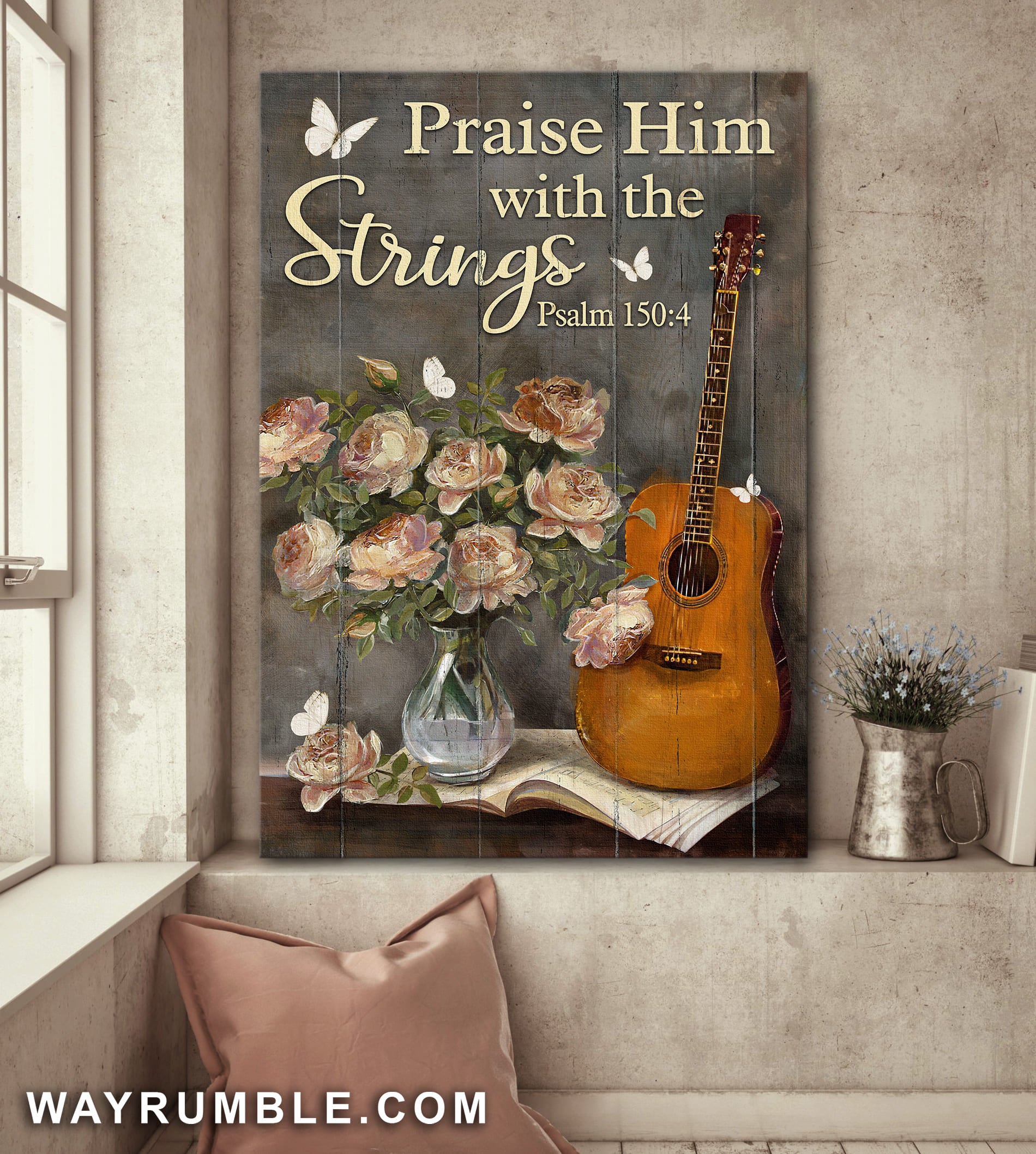 Guitar, Rose vase, Butterfly, Praise him with the strings - Jesus Portrait Canvas Prints, Wall Art