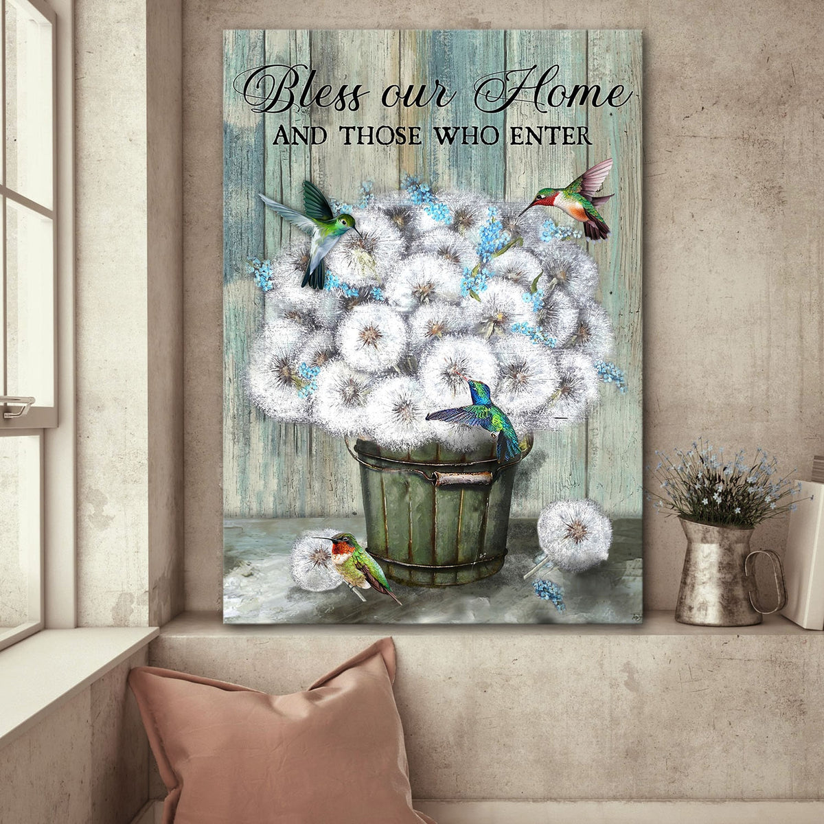 Dandelion, Hummingbird, Bless our home and those who enter - Jesus Portrait Canvas Prints, Wall Art