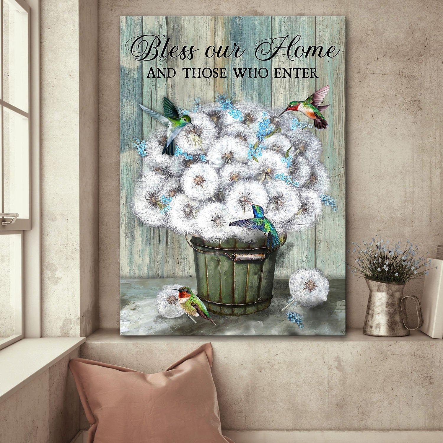 Dandelion, Hummingbird, Bless our home and those who enter - Jesus Portrait Canvas Prints, Wall Art