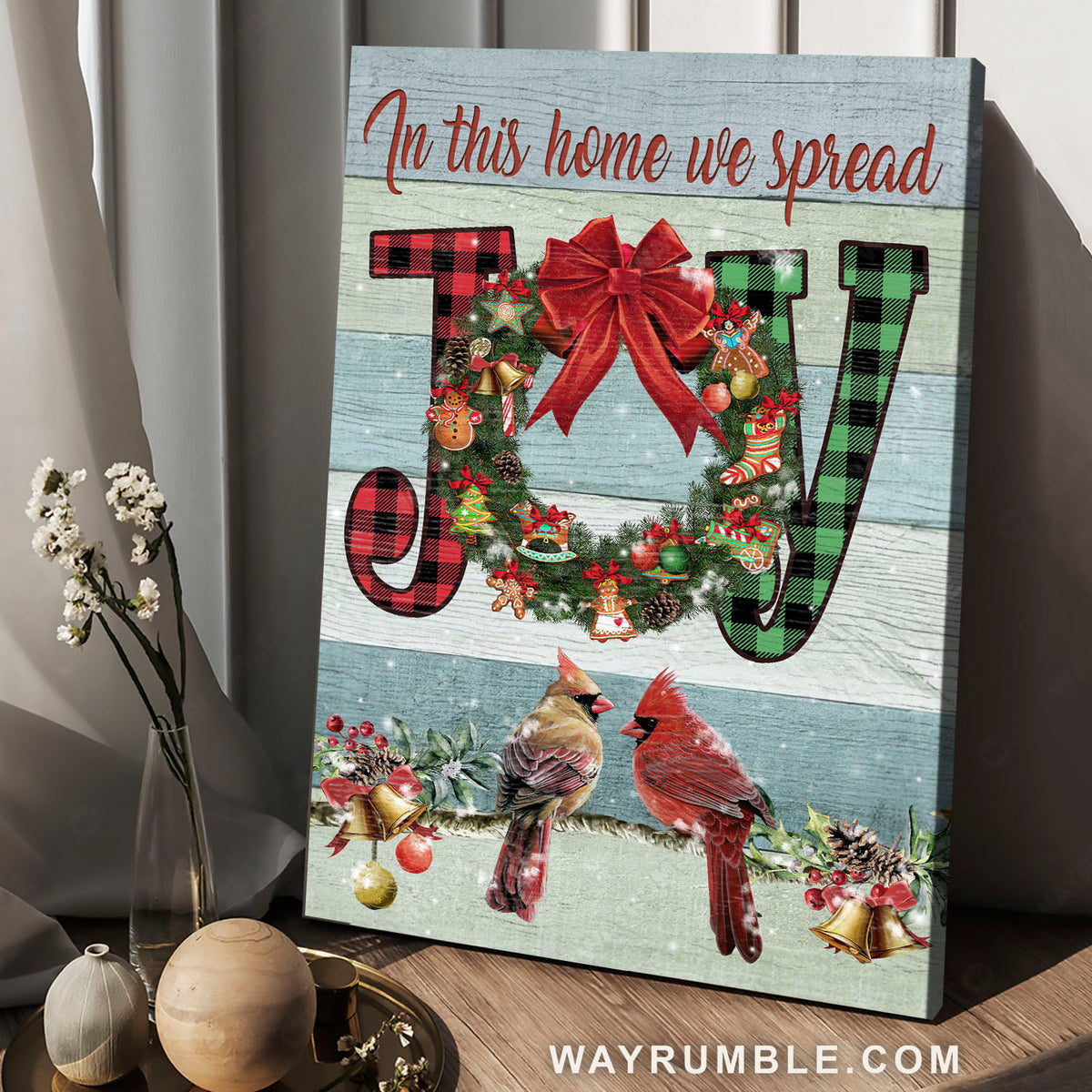 Christmas wreath, Cardinal couple, Christmas decoration, In this home we spread joy - Jesus Portrait Canvas Prints, Home Decor Wall Art