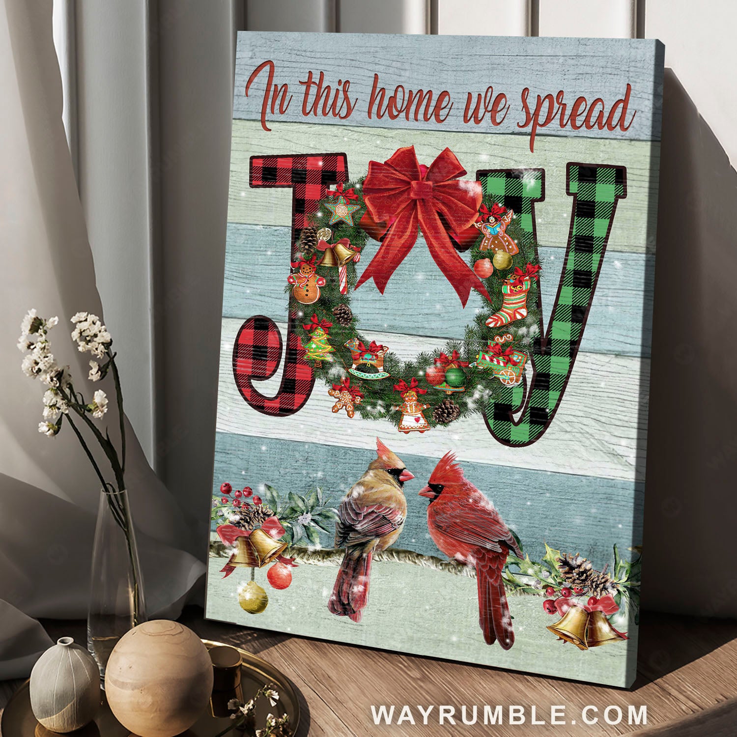 Christmas wreath, Cardinal couple, Christmas decoration, In this home we spread joy - Jesus Portrait Canvas Prints, Home Decor Wall Art