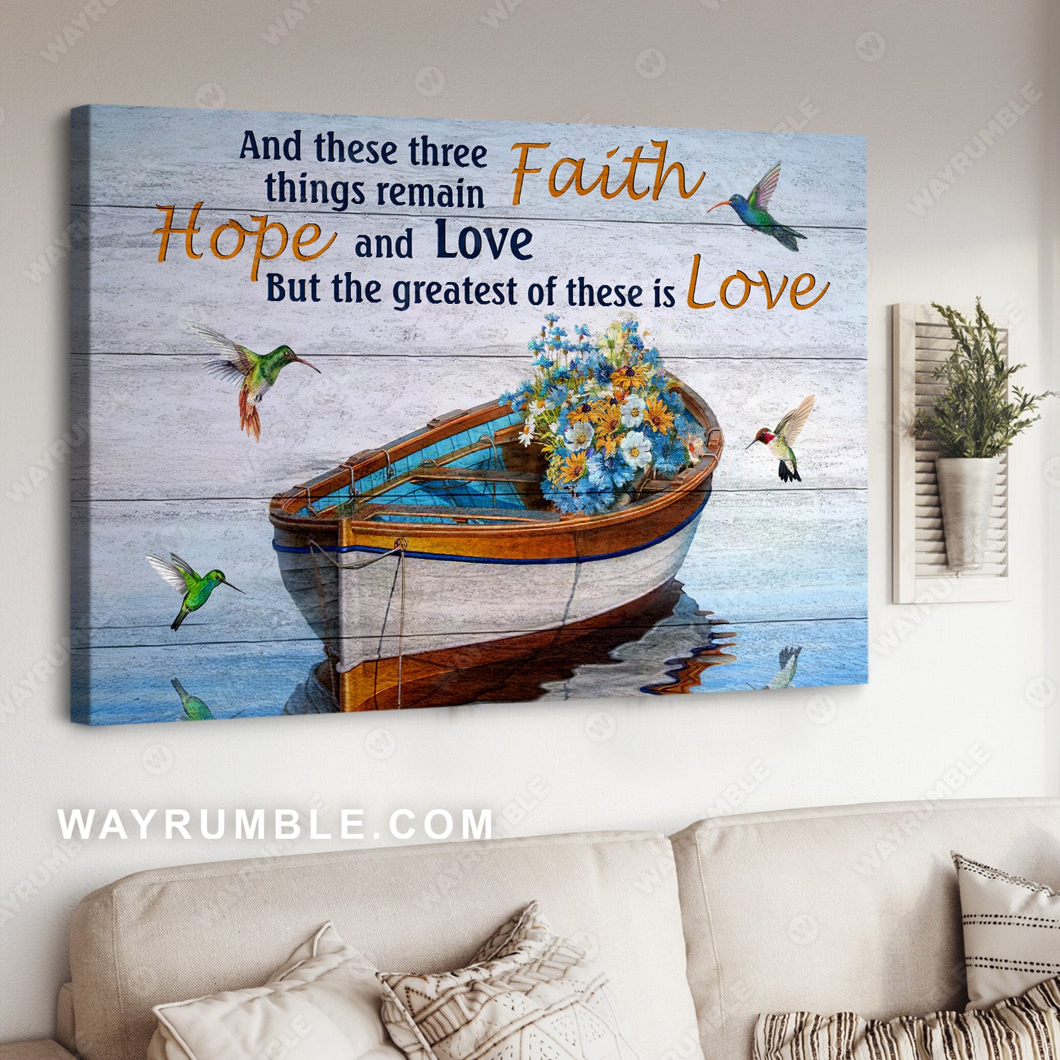 Boat on river, Wild flowers, Hummingbird, The greatest of these is Love - Jesus Landscape Canvas Prints, Christian Wall Art
