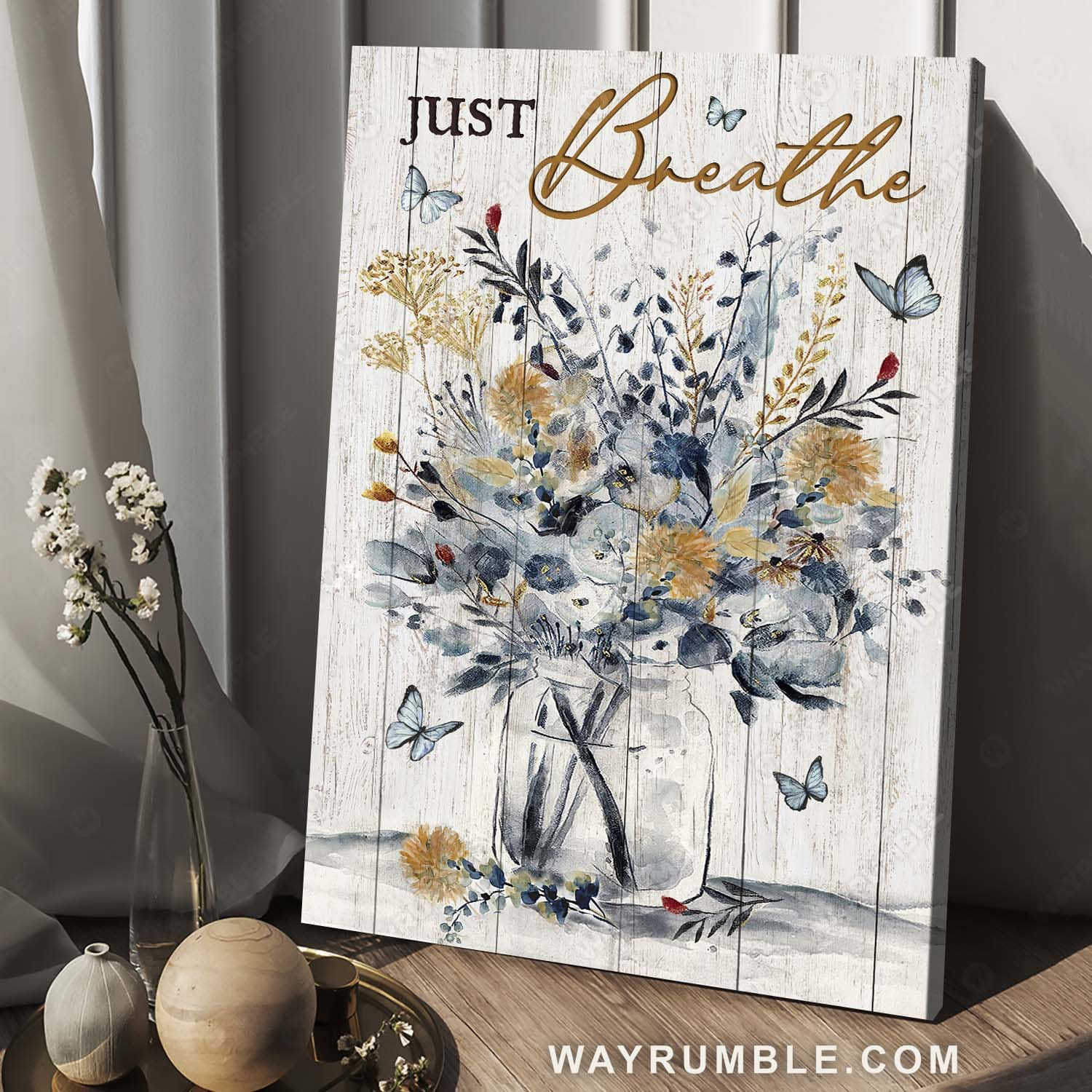 Flower vase painting, Blue butterfly, Vintage art, Just breathe - Jesus Portrait Canvas Prints, Home Decor Wall Art