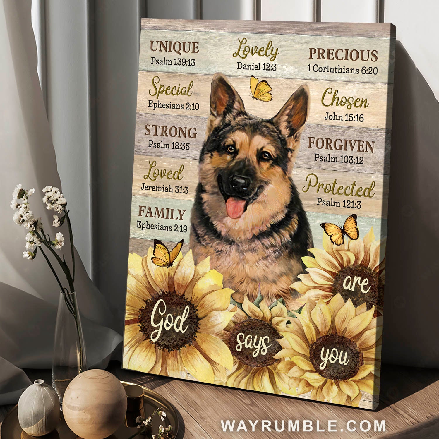 German Shepherd, Sunflower painting, Monarch butterfly, God says you are - Jesus Portrait Canvas Prints, Home Decor Wall Art