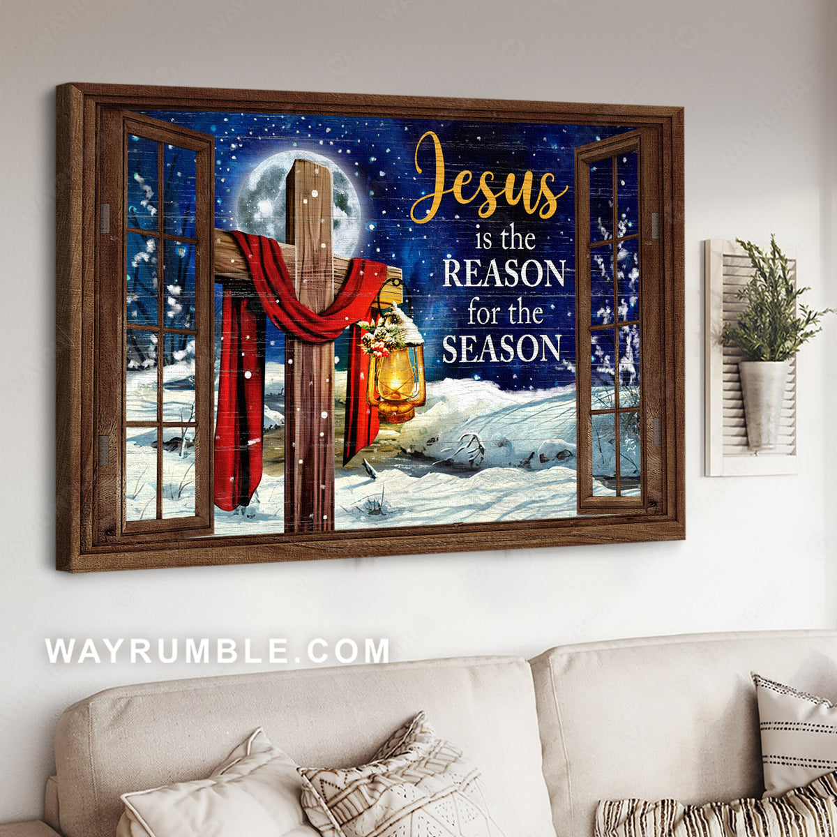 Beautiful snowfall, Wooden cross, Fullmoon, Jesus is the reason for the season - Jesus Landscape Canvas Prints, Home Decor Wall Art